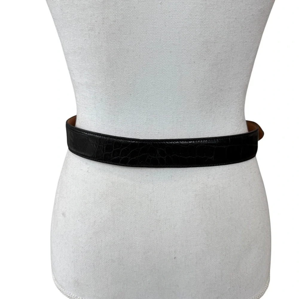 Carelen Designs Black Croc Embossed Leather Belt‎ Silver Buckle Made in USA Sz M